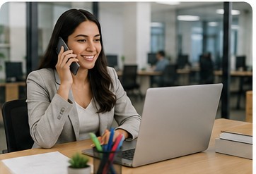 Ejecutiva comercial hablando por teléfono frente a su laptop