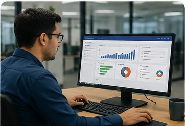 Persona revisando un dashboard ERP con gráficos de ventas en su computadora
