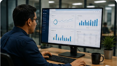 Persona revisando un panel de operaciones con gráficos de inventario